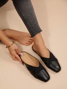 女士厚底套脚穆勒鞋，闭趾设计，春秋季休闲乐福鞋 - 黑色 - 查看 4