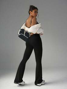 时尚休闲简约提臀优雅复古修身低调奢华显瘦高腰百搭喇叭裤，新款欧式束腰健身阔腿瑜伽裤 - 黑色 - 查看 3