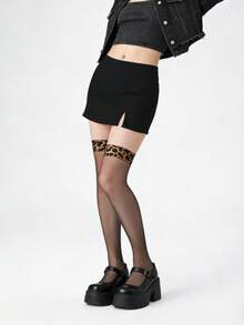 1 Paar Damen Oberschenkel-Hohe Strümpfe, Sommer Leoparden-Muster rutschfeste transparente undurchsichtige Strumpfhosen, Y2K sexy Oberschenkel-Hohe Socken - Schwarz - Übersicht 4