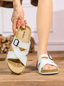 男士可调节交叉绑带凉拖鞋，平底套脚拖鞋，适合夏季日常休闲穿着 - 白色 - 查看 4