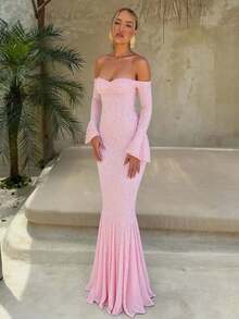 [Spring/Summer Style] Best-Selling New Arrivals Women's Solid Color Lace Long Sleeve Dress, Chic Elegant Off Shoulder Dress Party Club Dating Formal Wear, Ladies Spring & Fall Clothes Womenswear - Hồng - Xem 4