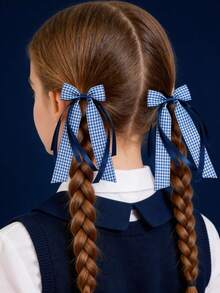 2 piezas Scrunchies de pelo con lazo a cuadros de dos tonos, estilo escolar y casual versátil para niñas - Azul Marino - Ver 1