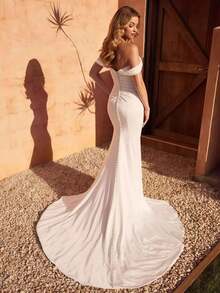Elegant Sexy Off Shoulder High Slit Pleat Mermaid Satin Wedding Dress,Registry Office Dresses Bridal Gown,Evening Party Dress Birthday Party Dress Country Wedding,Romantic Church Ceremony Wedding Dress,Suitable For Wedding,Dating,Party,Singles' Party,Vacation,Formal Occasions,Dinner Dress,Prom Dress,Homecoming Dess,Cocktail Party,Wedding Guest Dress,Graduation - 白色 - 查看 1