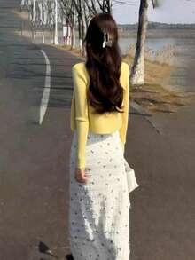 早春新款粉色针织薄外套，不含白色背心，柔软可爱的女士春季针织外套 - 黃色 - 查看 3