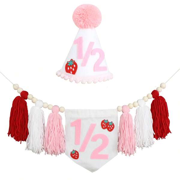 1 Set 1/2 Birthday Decoration Kit - Strawberry Theme: 1/2 Year Old Tassel Hanging Flag + Hat, Party Photo Props, 1/2 Birthday Decor - Strawberry Tassel Banner + Cone Hat, Chair Decor, Party Supplies