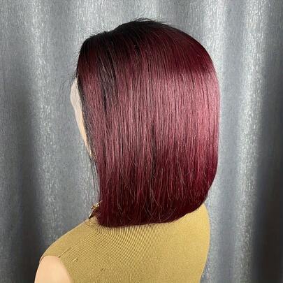 13x4 高清直发蕾丝前假发 99J 酒红色短波波头假发 预拔毛预漂白红色真人发假发 女士 10-16 英寸