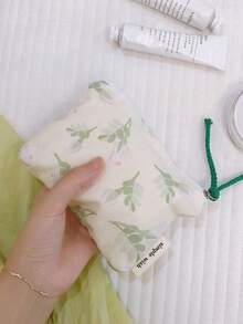Green Twig Print Cotton Coin Purse, Earphone Card Holder, Large Capacity Pouch, Multi-Purpose Travel Organizer Bag For Women Money Wallet Mini Wallet Purse Wallet Small Wallet Cute Wallet Coin Wallet Travel Essential Summer - Multicolor - View 5