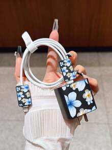 优雅蓝白花卉图案充电线收纳器，保护套，兼容 15 Pro Max、17 Pro Max、16 Pro Max、11、12、13、14 Pro Max - 黑色 - 查看 3