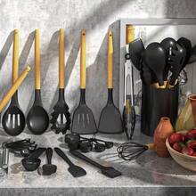 39 piezas Juego de utensilios de cocina de silicona con mango de madera antiadherente, herramientas para hornear y cocinar, cocina y horneado fáciles, suministros de cocina - Multicolor - Ver 7