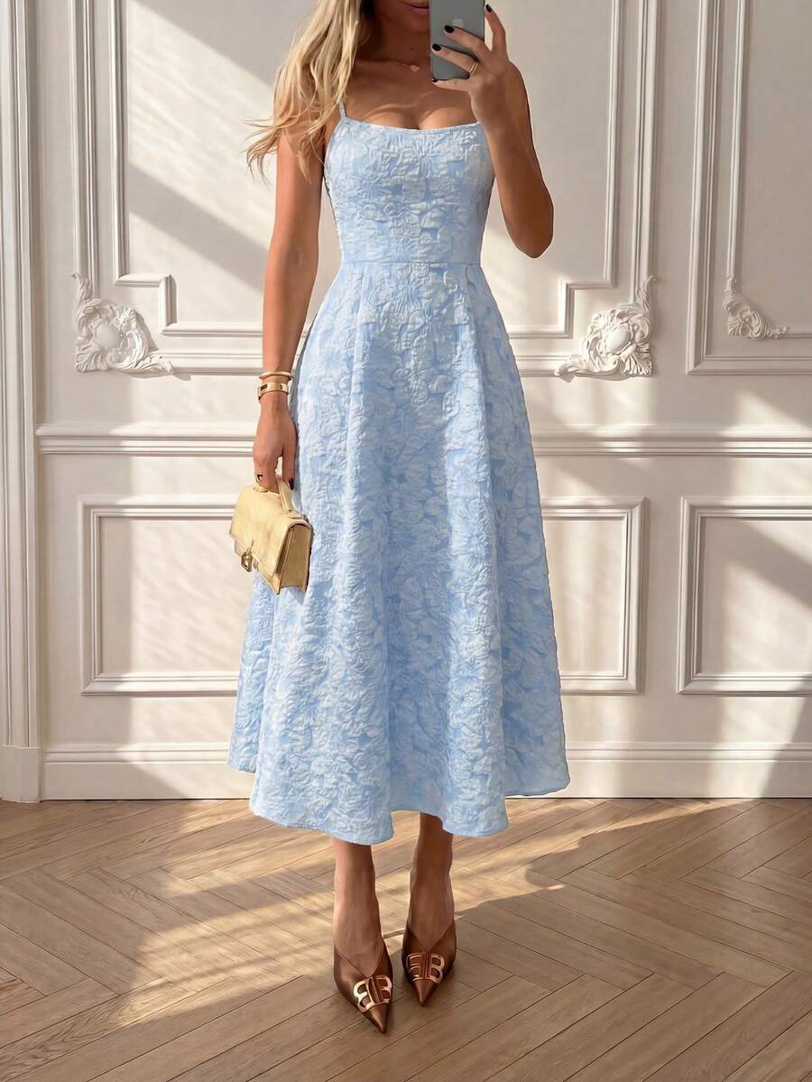 Floreya 大码夏季婚纱，优雅纯色法式高品质优雅收腰修身吊带中长连衣裙，白色派对 - 藍色 - 查看 1