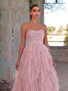 Faeriesty Váy cưới cúp ngực lãng mạn với chân váy xếp tầng bằng vải voan bồng bềnh và dáng chữ A - Hoàn hảo cho những đám cưới cổ điển, lễ tốt nghiệp, tiệc chiêu đãi buổi tối, trang phục sinh nhật cho phái nữ. - Màu Hồng baby - Xem 5