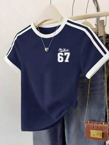 Women's Casual Colorblock Numeric 67 Print Side Stripe Collegiate Beach Daily Round Neck Short Sleeve T-Shirt, Everyday Wear Summer - Dark Blue - View 1