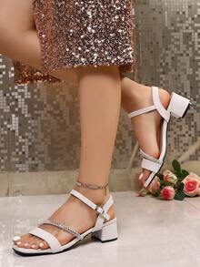 Sandal Hak Tinggi Wanita Putih Tebal, Ujung Persegi dengan Dekorasi Rhinestone, Kain Beludru, Sandal Pesta Elegan, Sandal Ujung Terbuka yang Modis dan Nyaman - Krem - View 5