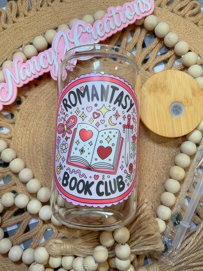 浪漫抹茶冰饮玻璃吸管杯，带盖，可爱马克杯，可重复使用，便携易清洗，适合居家、办公室、学校、派对、户外、婚礼等场合。