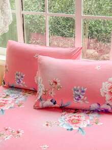 3件套（1件床裙，2件枕套）粉色中式牡丹印花大花荷叶边床裙，全覆盖防尘床罩，裙边床裙三件套，褶皱床裙配2个枕套床上用品套装 - 花房迷香粉 - 查看 3