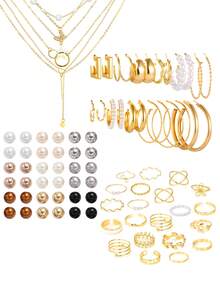 86/68/58/41pcs Fashion Minimalist Elegant Vintage Design Geometric Knot Bow Heart Tassel Pendant Faux Pearl Rhinestone Star Moon Y-Necklace Vertical Bar Infinity Symbol Multi-Layer Twisted Rope Chain Box Chain Smooth Simplistic Metal Earrings Necklace Ring Bracelet Jewelry Set, Suitable For Holiday, Party, Date, Daily Wear, Gift - Yellow Gold - View 9