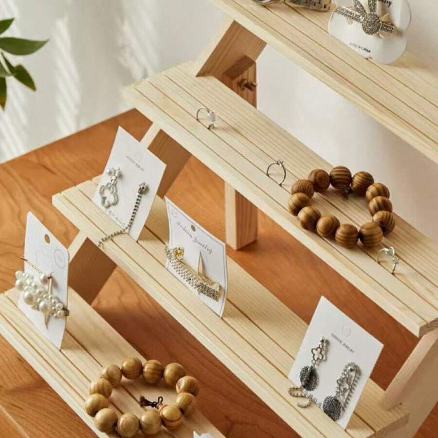1pc Tabletop Display Stand, Trapezoid Jewelry Display Rack, Portable Earring Organizer, Craft & Jewelry Display Shelf, Figurine Stand, Tiered Display Rack, Market Stall Prop - Beige - View 1