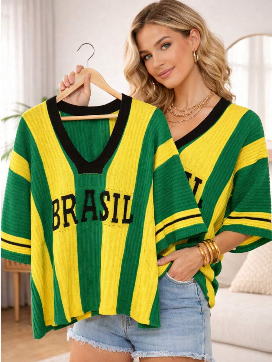 Women's Oversized Striped Short Sleeve Knit Blouse, Brazilian Style, Casual, Comfortable,  2026, Premium - 綠色 黃色 - 查看 1