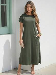 Comfortable Women's Midi Dress With Practical Pocket And Side Slit - Casual And Elegant - 墨綠色 - 查看 9