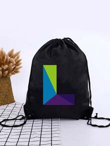 1pc Geometric Colorblock A-Z Letter Drawstring Backpack, Rainbow Letter Print Cinch Bag, Lightweight Sports Fitness Travel School Backpack - Black - View 13