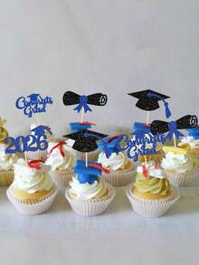 12pcs Congrats Grad 2026 Cake Toppers - Graduation Diploma & Cap Cake Decorations For High School, College 2026 Graduation Party - Blue Black - View 3
