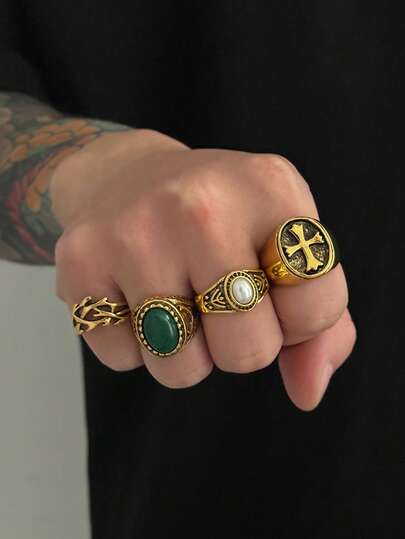 4pcs Vintage Punk Cross Rings, Inlaid With Green Faux Gemstone, Geometric Metal Knuckle Rings, Suitable For Daily, Music Festivals, Parties, Unisex, Holiday Gift