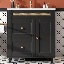 Freestanding Bathroom Vanity Unit 76x46x86.5cm, Double Silent Drawer Slides, Cabinet Doors With Soft-Close Function, Gold Handles And Rattan Decorations, Ceramic Washbasin, Black. - 黑色 - 查看 2