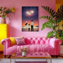 1pc Wrapped Framed Canvas Wall Art, Vintage Prints Poster, Valentine, Family On Beach, Fireworks Display, Night Sky - Modern, Painting, Warm Atmosphere, Illustrative Style, Perfect Gift Decor, Wall Art for Living Room Bedroom Office, Hanging Hardware Included - Wrapped Framed Canvas, Vertical - Lienzo enmarcado - Ver 8