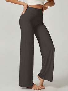 NcmRyu 1pc Women Solid Color Loose Fit High Waist Wide Leg Sports Pants - Coffee Brown - View 8