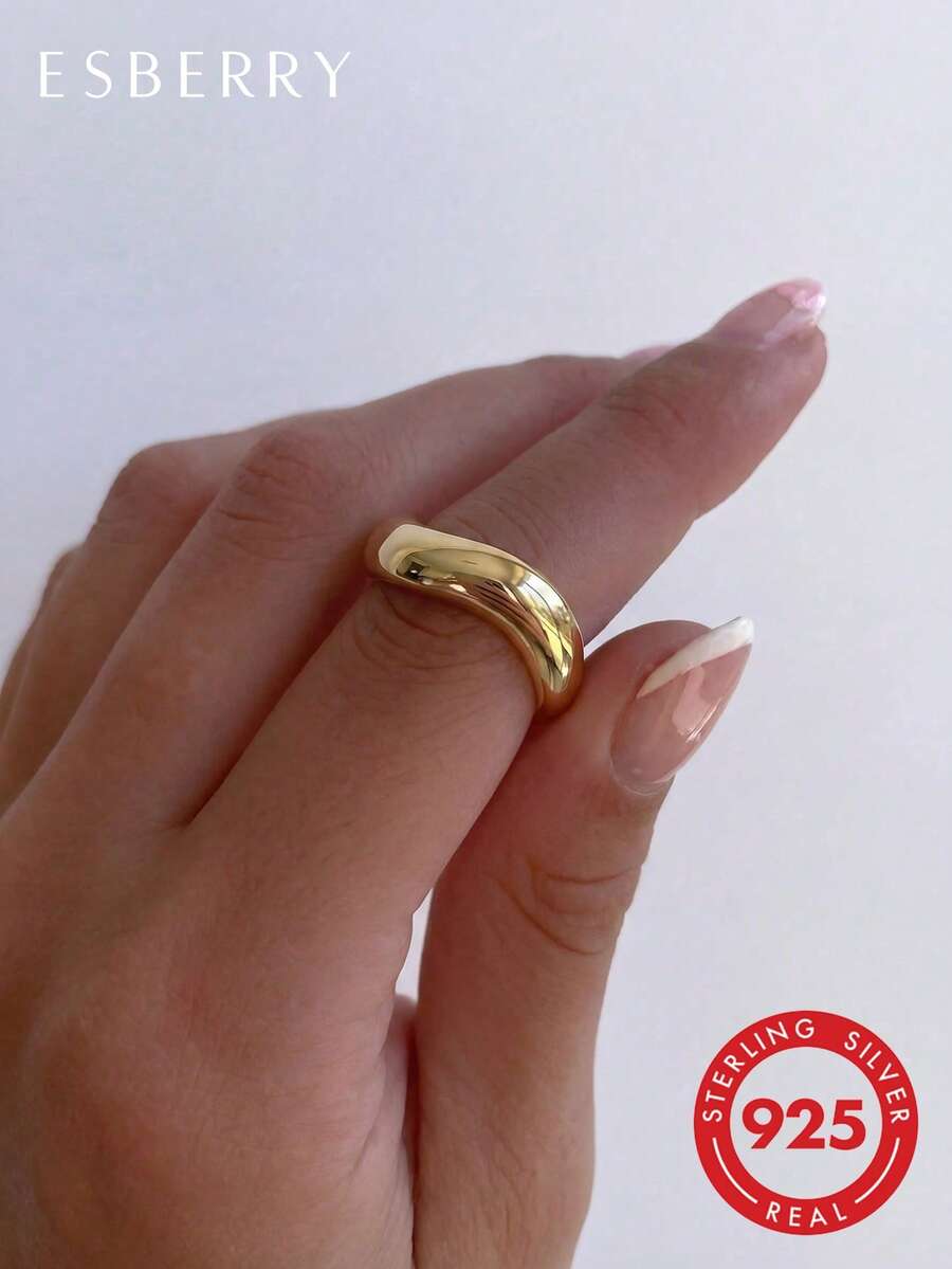 1枚经典简约光滑弧形925纯银戒指，适合日常佩戴、生日、圣诞节及其他场合。 - 光面弧形戒指 - 查看 1