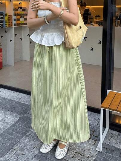 1pc Women's French Retro Vertical Striped High Waist A-Line Skirt, Fresh Slimming Casual Elegant Versatile Skirt For Vacation, Commute, Suitable For Spring/Summer