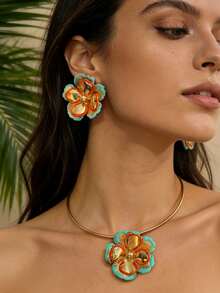 3pcs/Set Summer Fashion Bohemian Colorful Hollow Flower Necklace + Earrings Jewelry Set For Women, Suitable For Casual, Beach, Date, Party, Gift - Mint Green Orange - View 7