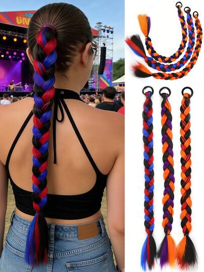 三色编织合成假发，带编织发丝和彩色马尾辫，适合女性参加音乐节、聚会和旅行时佩戴。