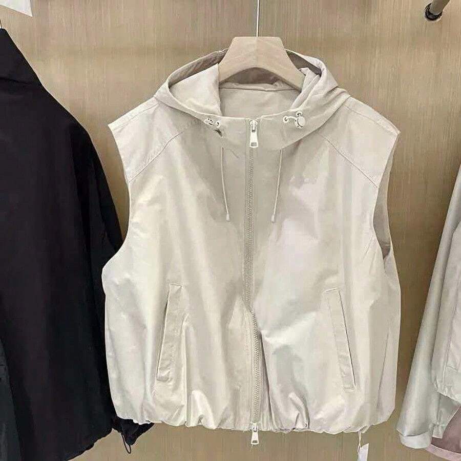 Áo vest nữ kiểu dáng mới mùa xuân 2026, có mũ trùm đầu, màu trơn, thời trang, không tay, đa năng và tôn dáng. - Màu be - Xem 1