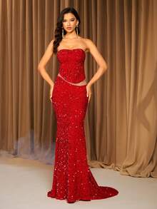 女士性感红色亮片网纱拼接及地派对晚礼服婚纱 - 紅色 - 查看 4