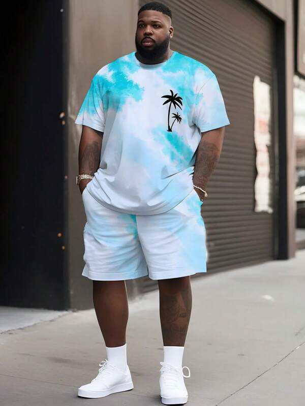 2pcs Plus Size Men's Vacation Style Tie-Dye Short Sleeve Set | Light Blue Tie Dye Tie-Dye + Palm Tree Print, Hawaiian Style, BIG&TALL Loose Breathable Set