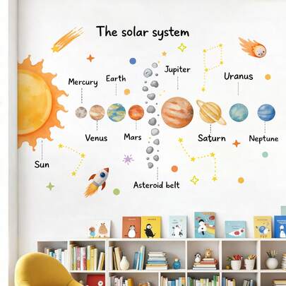 Kids Solar System Wall Stickers, Watercolor Planet Space Wall Decals, Removable Educational Wall Decor For Bedroom, Classroom, Nursery, Playroom