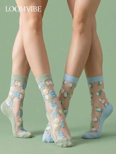 女性用透明デイジー&リリー ミッドカーフソックス2足組、軽量通気性メッシュ、かわいいパストラルスタイルの長ソックス、春夏に適しています