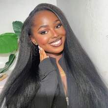 Kinky Straight Half Wig Human Hair 3 In 1 Half Wigs Wear & Go Wigs Drawstring Headband Wig With Natural Hairline 200% Density For Women Headband Wig With Natural Hairline 200% Density For Women Natural Color 16 18 20 Inch - Natural Black - 查看 2