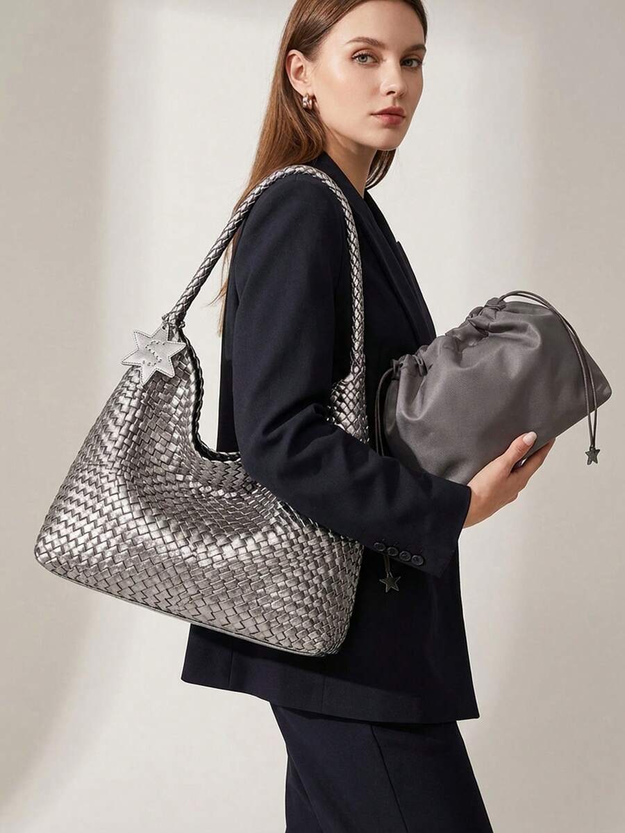 Túi xách nữ dệt thủ công, túi đeo vai, túi đi biển kiểu hobo, túi xách tay handmade, túi tote kèm ví, bộ túi đeo chéo phong cách boho thời trang. - Bạc - Xem 1
