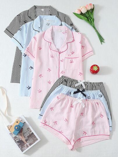 3件套舒适条纹蝴蝶结纽扣领短袖上衣和蝴蝶结短裤睡衣套装，适合居家穿着，春夏皆宜