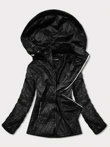 Chaqueta acolchada para mujer, chaqueta ligera con capucha, capucha desmontable, aislamiento con una fina capa de plumón sintético, cierre de cremallera, 2 bolsillos, largo hasta la cadera, estilo informal, primavera/otoño. - Negro - Ver 3