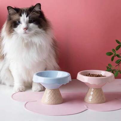 1pc Ceramic Cat Bowl, Pet Bowl, Ice Cream Bowl, High Foot Slanted Mouth, Neck Protection, Anti Knock Cat And Dog Bowl