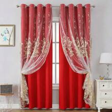 1件中国风刺绣雪尼尔奢华氛围窗帘，优雅高端薄纱窗帘，镂空工艺，半透明薄纱窗帘，适用于客厅、卧室、阳台，遮阳、遮光 - 紅色 - 查看 6