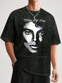 Graphic Tees2026 Summer TopsMen's Washed And Worn Michae Jackson Portrait T-Shirt, King Of Pop Print, High Street Loose And Worn Short Sleeved Shirt004Loose And ComfortableshirtCottno - Black 2 - 查看 3