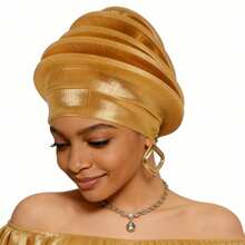 Shimmer African Head Wraps Solid Color Multi-Layer Church Turban For Women Stretch Hat - Gold - View 3