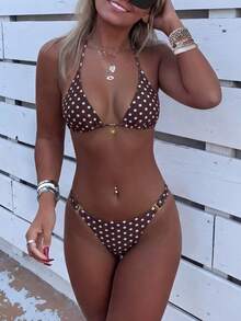 两件套女士沙滩装，系带露背吊带设计，通体波点印花，金属太阳吊坠装饰，优雅比基尼套装，适合夏季海滩度假和沙滩派对 - 棕色 - 查看 1