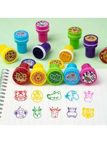 丛林主题派对礼品 - 5/10/20/30/40/50 枚野生动物印章，生日礼物，动物园动物印章，自来墨印章 - 彩色 - 查看 5