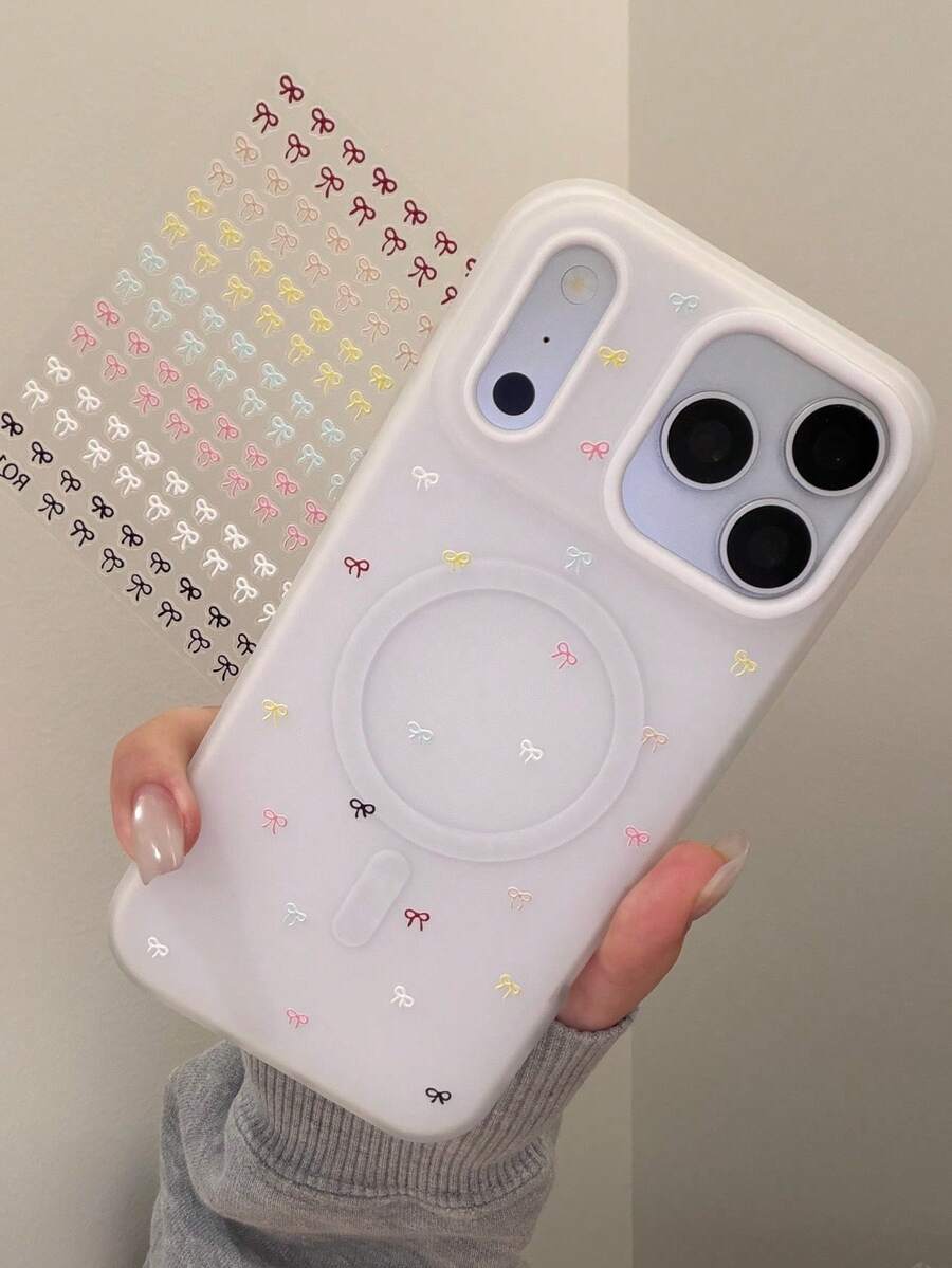 DIY Cute Heart-Shaped Bow Sticker, Matte Candy Color Magnetic Phone Case Suitable For IPhone 17 ProMax, 17 Pro, 16 ProMax, 15, 14, 13, 12 Pro Max, 11, Minimalist Cute Star 2-In-1 Anti-Fall Protective Cover - White - View 1