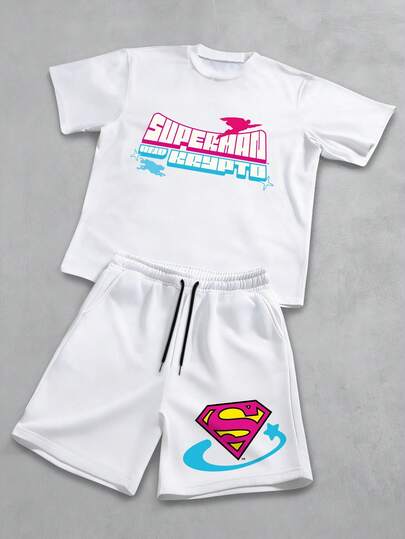 Strevion OBM Men X SUPERMAN 男士夏季时尚超级英雄粉色印花短袖T恤和短裤两件套休闲装